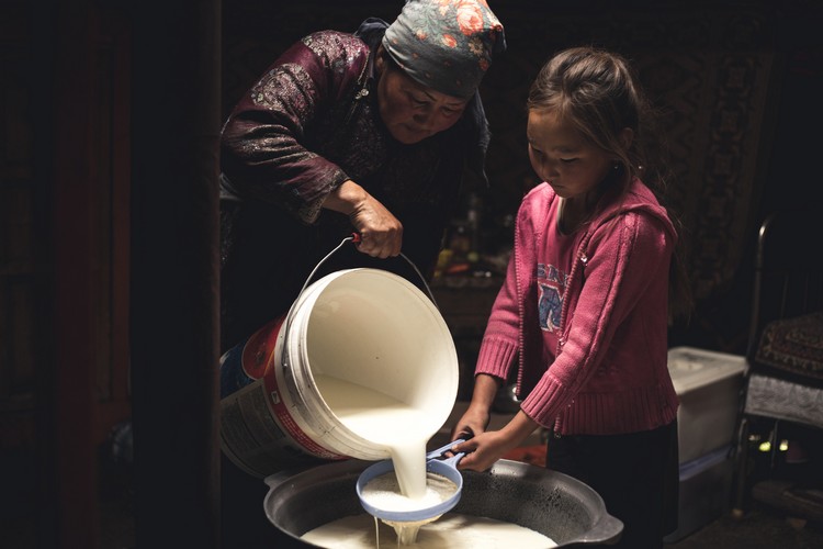 Production de fromage dans une famille nomade, Mongolie